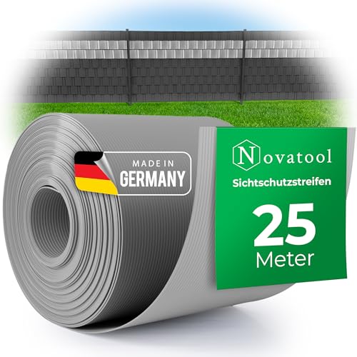 Novatool Premium PP 25m Rolle Sichtschutzstreifen für Doppelstabmattenzaun Fenster GRAU für 10 Reihen Stabmattenzaun Sichtschutzstreifen langlebig & witterungsbeständig Zaunelemente Sichtschutz von Novatool