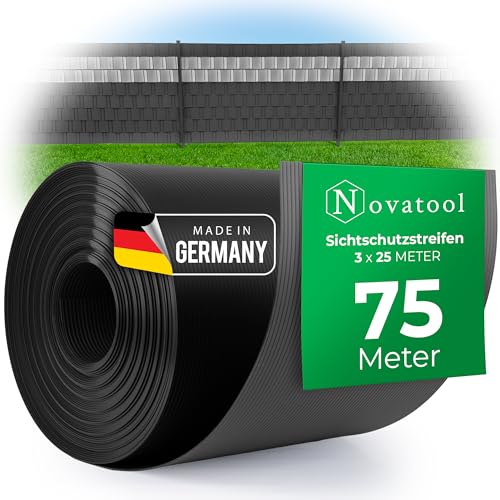 Novatool 3X 25m Rolle PP Premium Sichtschutzstreifen für Doppelstabmatten ANTHRAZIT RAL 7016-19 cm hoch - 30 Reihen Stabmattenzaun Sichtschutzstreifen GRAU mit Rillen Zaunelemente Sichtschutz von Novatool