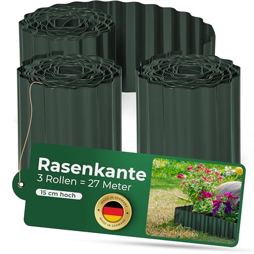Novatool Rasenkante Kunststoff 15 cm hoch I 3x9 Meter I Grün I Mähkante Gartenbeet Umrandung Beetkante Wurzelschutzbahn Rhizomsperre für Bambus Wurzelstopp Unkrautsperre Wurzelbarriere Wurzelsperre von Novatool