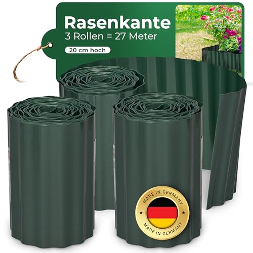 Novatool Rasenkante Kunststoff 20 cm hoch I 3x9 Meter I Grün I Mähkante Gartenbeet Umrandung Beetkante Wurzelschutzbahn Rhizomsperre für Bambus Wurzelstopp Unkrautsperre Wurzelbarriere Wurzelsperre von Novatool