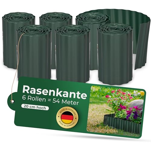 Novatool Rasenkante Kunststoff 20 cm hoch I 6x9 Meter I Grün I Mähkante Gartenbeet Umrandung Beetkante Wurzelschutzbahn Rhizomsperre für Bambus Wurzelstopp Unkrautsperre Wurzelbarriere Wurzelsperre von Novatool