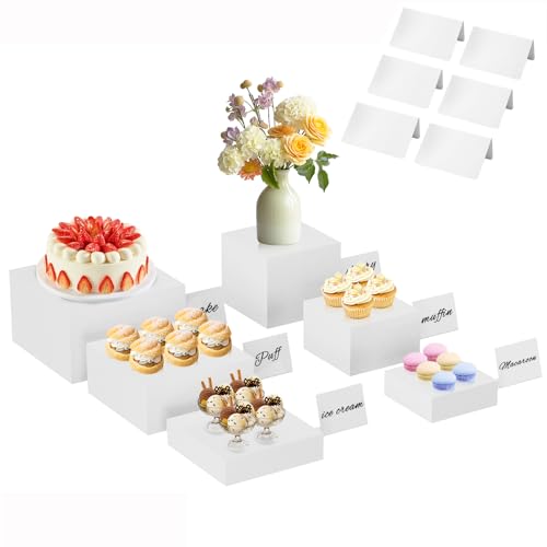 Novelfun 6 Stück Buffet Erhöhungen Acryl Buffet Riser with Mini Buffet Schilder Tabletop Display Verschiedene Größen Lebensmittel Präsentationsständer für Collectibles Schmuck Figuren von Novelfun