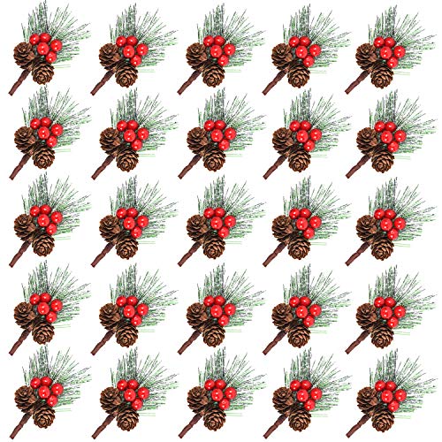 Noverlife 25PCS Faux Mini Snowy Pine Picks mit Beeren & Tannenzapfen Weihnachtsschmuck, Künstlicher Wispy Frosted Pine Pick Spray für Weihnachtsarrangements Tischgirlande Kranzdekoration von Noverlife