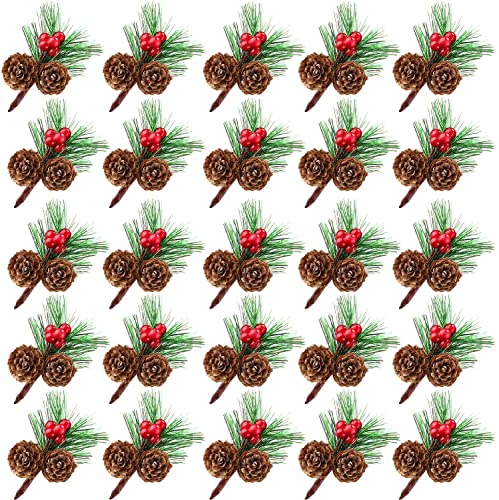 Noverlife 25PCS Mini Künstliche Kiefernhacke mit roten Beeren und natürlichen Tannenzapfen, immergrünen Kiefernzweigen und Stechpalmenbeeren, künstlichen Kiefernnadeln für Festivaldekoration von Noverlife