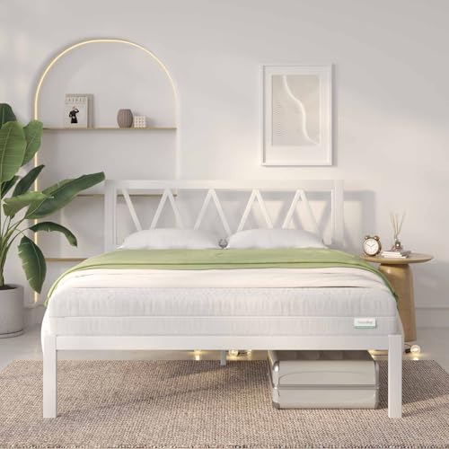 Novilla Bettgestell 140 x 190 cm, Bettrahmen mit Lattenrost, Bettgestelle mit Kopfteil-Design, Doppelbettgestell, Stauraum unter dem Bett, Weiß von Novilla