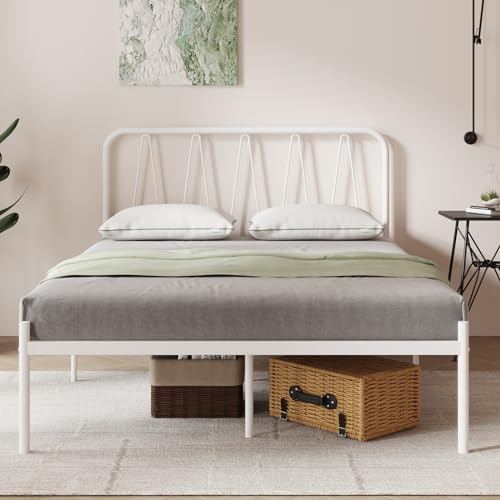 Novilla Bettrahmen 150 x 200 cm, Bettgestell mit Lattenrost aus Metall , Kopfteil mit Wellenmuster im modernen Stil,Modern Gästebett, Weiß Novilla Bettrahmen 150 x 200 cm, Bettgestell mit Lattenrost aus Metall , Kopfteil mit Wellenmuster im modernen Stil,Modern Gästebett, Weiß von Novilla