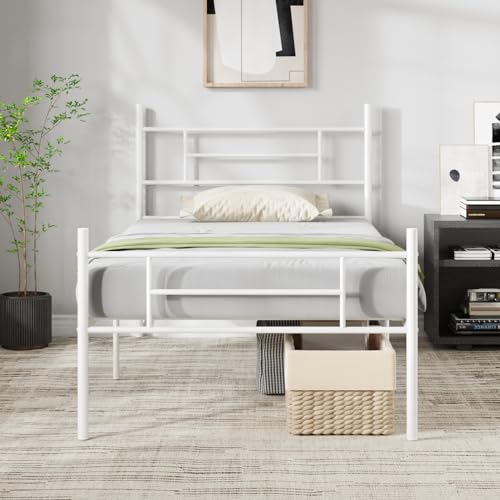 Novilla Bettrahmen 90 x 190 cm, Bettgestell mit Lattenrost, Modern Bettgestelle, Metallbett mit Kopfteil für Schlafzimmer GGästezimmer, Weiß Novilla Bettrahmen 90 x 190 cm, Bettgestell mit Lattenrost, Modern Bettgestelle, Metallbett mit Kopfteil für Schlafzimmer GGästezimmer, Weiß von Novilla