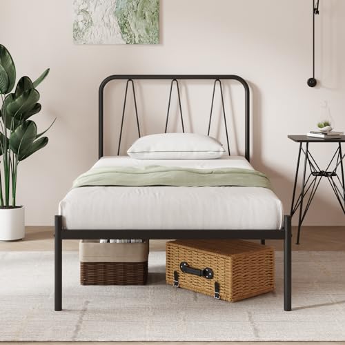 Novilla Bettrahmen 90 x 200 cm, Bettgestell mit Lattenrost aus Metall , Kopfteil mit Wellenmuster im modernen Stil,Modern Gästebett, Schwarz von Novilla