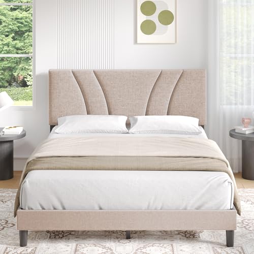 Novilla Polsterbett 180 x 200 cm, Bettrahemn mit Lattenrost und Rückenlehne，Hautfreundliche Leinenmaterial Erwachsenen, Doppelbettgestell, Beige von Novilla