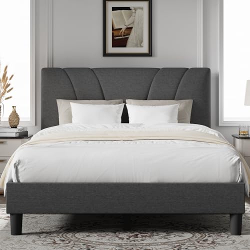Novilla Vollbettrahmen, gepolsterte Plattform, Bettgestell in voller Größe, mit verstellbarem Kopfteil, starke Gewichtskapazität, geräuschfrei, kein Boxspringbett erforderlich, einfache Montage, Grau von Novilla