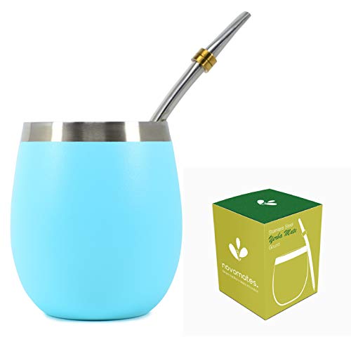 Novomates Yerba Mate Becher - Doppelwandiger Edelstahl Yerba Mate Gourd mit Bombilla - 237 ml, Blaugrün von Novomates