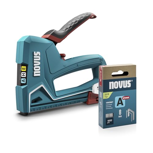 NOVUS TOOLS Handtacker J-50 Set mit 1800 Klammern │ Profi-Tacker für Holz mit Aluminium-Gehäuse, Schlagkrafteinstellung, Distanzanschlag │ Für Feindrahtklammern 6-14 mm und Nägel 16 mm von Novus Tools