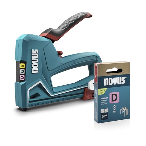NOVUS TOOLS Handtacker J-51 Set mit 1200 Klammern │ Profi-Tacker für Holz mit Aluminium-Gehäuse, Schlagkrafteinstellung, Distanzanschlag │ Für Flachdrahtklammern 6-14 mm und Nägel 16 mm von Novus Tools