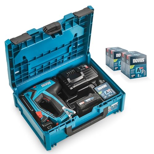 NOVUS TOOLS Akku Tacker J-550 Komplett-Set mit 25.000 Klammern │ metaBOX │ Für Feindrahtklammern 6-14 mm und Nägel 16 mm │ Kompatibel mit 18V Li-Ion CAS Akku │ Elektrischer Profi-Tacker für Holz von Novus Tools