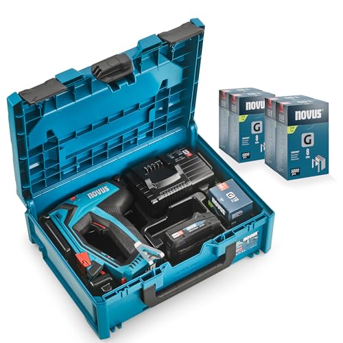 NOVUS TOOLS Akku Tacker J-551 Komplett-Set mit 25.000 Klammern │ metaBOX │ Für Flachdrahtklammern 6-14 mm und Nägel 16 mm │ Kompatibel mit 18V Li-Ion CAS Akku │ Elektrischer Profi-Tacker für Holz von Novus Tools