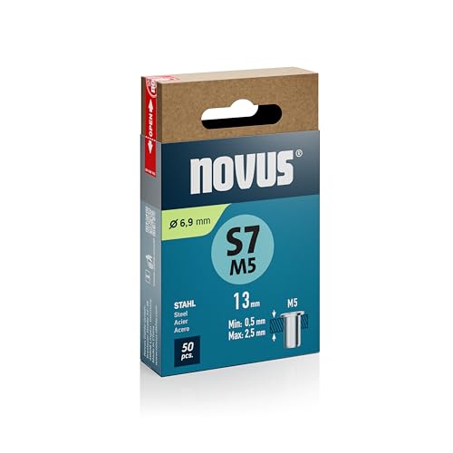 NOVUS TOOLS Stahl-Blindnietmuttern Ø 6,9 mm, M5 Gewinde, 13 mm Länge, 50 Nietmuttern, 0,5-2,5 mm Klemmlänge, ideal für Befestigungen in Stahlblechen und hochbelastbare Gewindeverbindungen NOVUS TOOLS Stahl-Blindnietmuttern Ø 6,9 mm, M5 Gewinde, 13 mm Länge, 50 Nietmuttern, 0,5-2,5 mm Klemmlänge, ideal für Befestigungen in Stahlblechen und hochbelastbare Gewindeverbindungen von Novus Tools