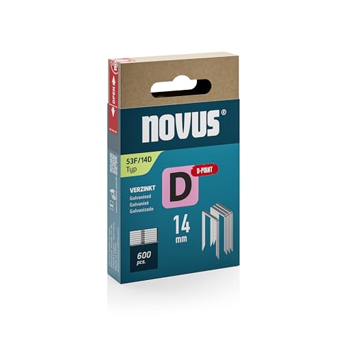 NOVUS TOOLS Flachdrahtklammern 14 mm, 600 Tacker-Klammern vom Typ 53F/14D, D-Spitze für erhöhten Auszugswiderstand, Schiebeschachtel, Heftmittel für Folien und Pappe von Novus Tools