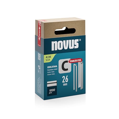 NOVUS TOOLS Schmalrückenklammern 26 mm aus Edelstahl, 1000 Tacker-Klammern vom Typ 4/26, für den dauerhaften Außeneinsatz, Schiebeschachtel, Heftmittel für Profilhölzer und Paneele von Novus Tools
