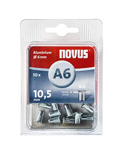 Novus 045-0075 A6 Blindnietmutter Ø6 mm Aluminium, 30 Nietmuttern, M4 Gewinde, 10.5 mm Länge, für Kunststoff und Leichtbaumaterial, Silber von Novus