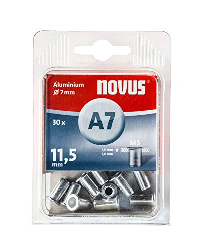 Novus 045-0076 A7 Blindnietmutter Ø7 mm Aluminium, 30 Nietmuttern, M5 Gewinde, 11.5 mm Länge, für Kunststoff und Leichtbaumaterial, Silber von Novus