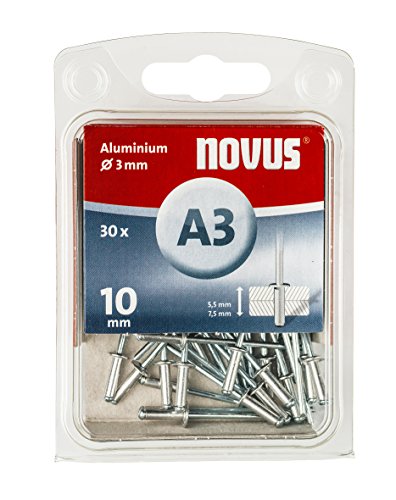 Novus Aluminium-Blindnieten 10 mm, 30 Nieten, Ø 3 mm, 5.0-7.5 mm Klemmlänge, zur Befestigung von Nichteisen Metall von Novus