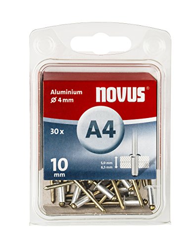 Novus Aluminium Blindnieten 10 mm, 30 Stück, Ø 4 mm, 5.0-6.5 mm Klemmlänge, Heftmittel für Nichteisen Metall und Stoffe von Novus