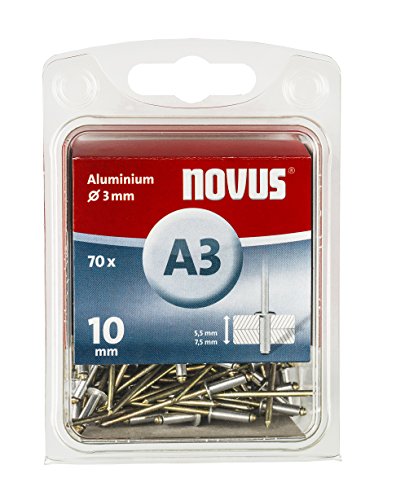 Novus Aluminium-Blindnieten 10 mm, 70 Nieten, Ø 3 mm, 5.0-7.5 mm Klemmlänge, für Nichteisen Metall, Stoffen und Leder von Novus