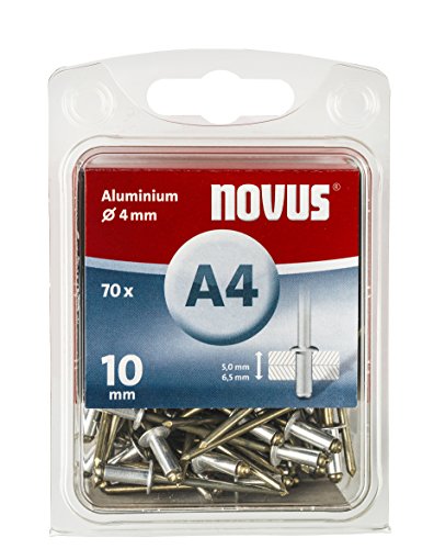 Novus Aluminium-Blindnieten 10 mm, 70 Nieten, Ø 4 mm, 5.0-6.5 mm Klemmlänge, für Nichteisen Metall, Kunststoff und Leder von Novus