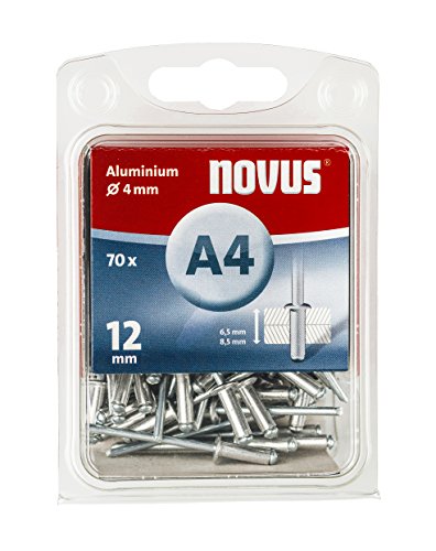 Novus Aluminium Blindnieten 12 mm, 70 Nieten, Ø 4 mm, 6.5-8.5 mm Klemmlänge, zur Befestigung von Kunst-Stoffen und Leder von Novus