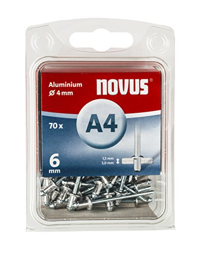 Novus Aluminium-Blindnieten 6 mm, 70 Nieten, Ø 4 mm, 1.5-3.0 mm Klemmlänge, für Nichteisen Metall, Kunststoff und Leder von Novus