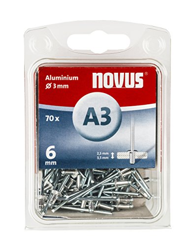 Novus Aluminium Blindnieten 6 mm, 70 Nieten, Ø 3 mm, 2.5-3.5 mm Klemmlänge, zur Befestigung von Stoffen und Leder von Novus