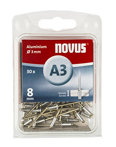 Novus Aluminium Blindnieten 8 mm, 30 Nieten, Ø 3 mm, 4.0-5.5 mm Klemmlänge, für Nichteisen Metall, Kunststoff, Stoffe von Novus