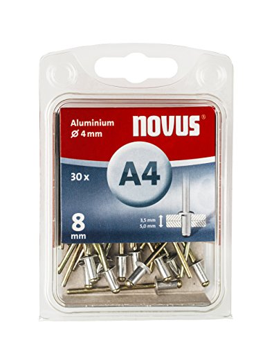 Novus Aluminium Blindnieten 8 mm, 30 Nieten, Ø 4 mm, 3.5-5.0 mm Klemmlänge, für Nichteisen Metall, Kunststoffe und Leder von Novus