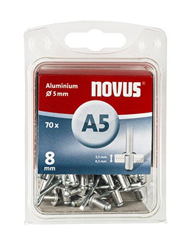 Novus Aluminium-Blindnieten 8 mm, 70 Nieten mit Ø 5 mm, 2.5-4.5 mm Klemmlänge, für Nichteisen Metall, Kunststoff, Leder von Novus