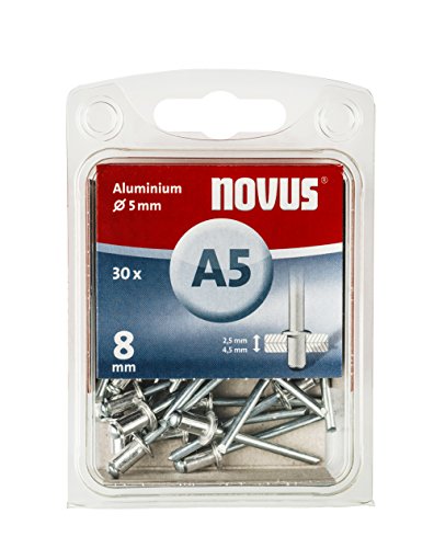 Novus Aluminium-Blindnieten mit 8 mm Länge, 30 Nieten, Ø 5 mm, 2.5-4.5 mm Klemmlänge, für Kunststoff, Stoffe und Leder von Novus