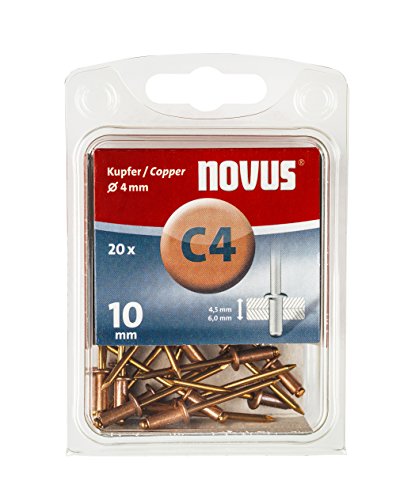 Novus Kupfer-Blindnieten 10 mm, 20 Stk., Ø4 mm, 4.5-6.0 mm Klemmlänge, für korrosionsbeständige, leitfähige Verbindungen von Novus