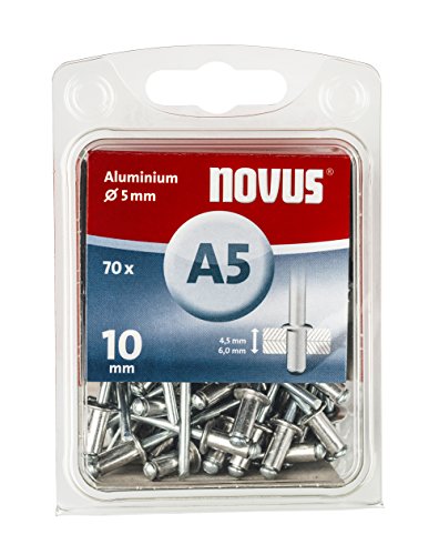 Novus Blindnieten Ø5 mm Aluminium, 70 Nieten, 10 mm Länge, zur Befestigung von Kunststoff, Stoffen und Leder von Novus