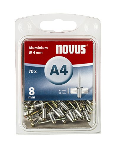 Novus Blindnieten 8 mm Aluminium, 70 Blindnieten, Ø 4 mm, 3.5-5.0 mm Klemmlänge, Befestigung von Kunst-Stoff und Leder von Novus