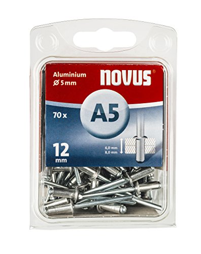 Novus Blindnieten Ø 5 mm Aluminium, 70 Nieten, 6.0-8.0 mm Klemmlänge, für Nichteisen Metall, Kunststoff und Leder von Novus