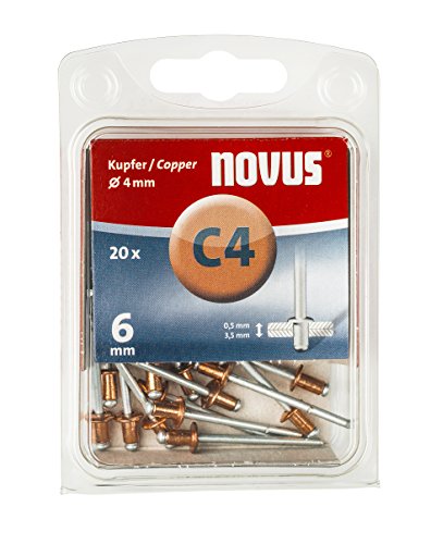 Novus Kupfer-Blindniete 6 mm, 20 Nieten, Ø4 mm, 0.5-3.5 mm Klemmlänge, für korrosionsbeständige, leitfähige Verbindungen von Novus