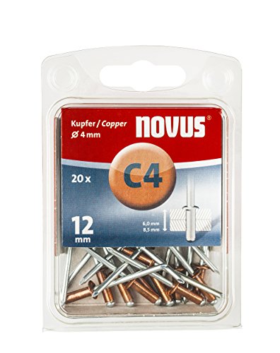 Novus Kupfer-Blindnieten 12 mm, 20 Stk., Ø 4mm, 6.0-8.5 mm Klemmlänge, für korrosionsbeständige, leitfähige Verbindungen von Novus