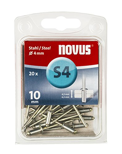 Novus Stahl-Blindnieten, 10 mm Länge, 20 Nieten mit Ø 4 mm, 4.5 - 6.5 mm Klemmlänge, zur Befestigung von Stahlblechen von Novus