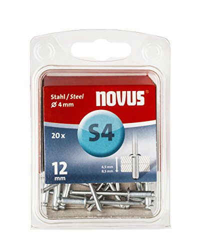 Novus Stahl-Blindnieten 12 mm, 20 Nieten mit Ø 4 mm, 6.5 - 8.5 mm Klemmlänge, zur Befestigung von Stahlblechen von Novus