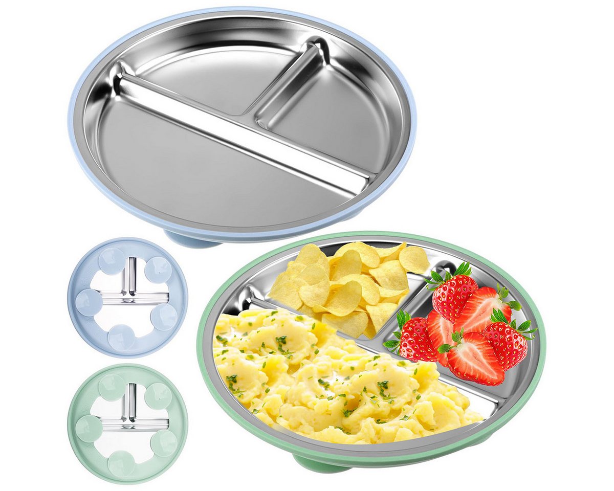 Novzep Frühstücksteller 2er Set Kinderteller mit Saugnapf aus Edelstahl rutschfest BPA-frei, (2 St) von Novzep