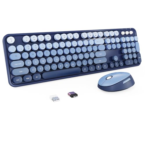 Kabelloses Tastatur- und Maus-Set, Full-Size Schreibmaschinentastatur mit runden Retro-Tastenkappen, ergonomisches Design, kompatibel mit Windows-PCs, ideal für Zuhause und Büro (Blau) von Nowlike
