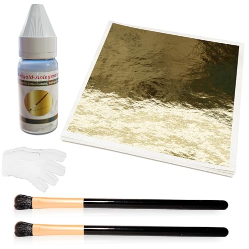 Nozzleboss Großes Blattgold Set + Kleber 25x Seiten 16cm x 16cm Blattgold + Anlegemilch + 2X feine Pinsel + Handschuhe Komplett Starter Set Schlagmetall Goldfolie von Nozzleboss