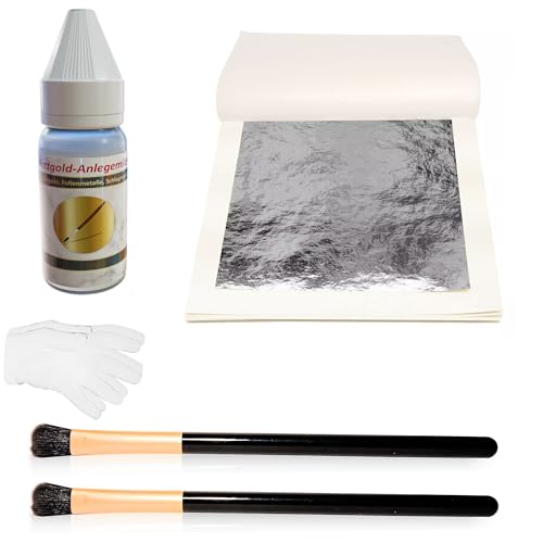 Nozzleboss Großes Blattsilber Set 25x Seiten 16cm x 16cm + Anlegemilch/Kleber + 2X Pinsel + Handschuhe + Etui - Komplett-Set zum versilbern Blatt Silber Schlagmetall Silber von Nozzleboss