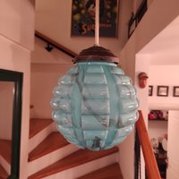 Art Deco Kronleuchter, Pendelleuchte, Space Age Lampe, Mid Century Beleuchtung, Blaues Glas 40Er Jahre Lampe von NsVintageByVesna