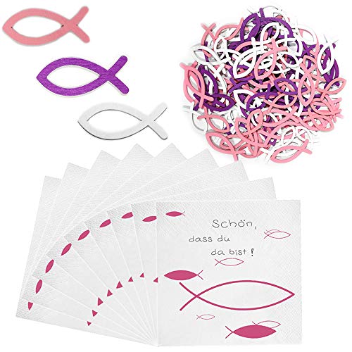 Nsiwem 180 Stück Holzfisch Deko (Rosa, Lila, Weiß) mit 50pcs Servietten (33x33 cm) für Taufe, Kommunion & Konfirmation von Nsiwem