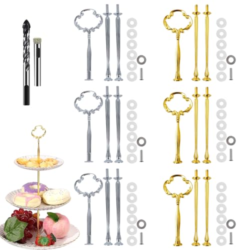 Nsiwem Etageren Stangen Set 6 Sets Etagere Bausatz Blume/Platte Nicht enthalten Metallstangen Mittellochausstech Etageren Stangen 2 bis 3 Etage Etagenplatte Tortenständer (Silber und Golden) von Nsiwem